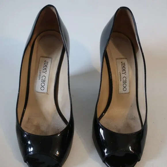 Women Jimmy Choo Baxen Black Patent Leather Peep Toe Wedge Pumps Heels 36 US/6